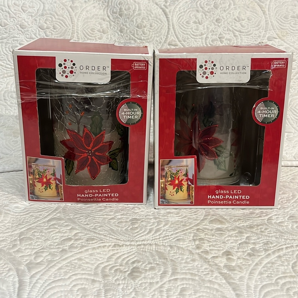 Order Home Collection glass LED Hand painted Poinsettia candles, new